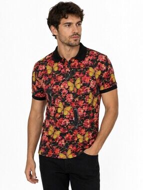 Valentino Men's Floral Butterfly Polo Shirt Black Red Yellow Graphic Print- L